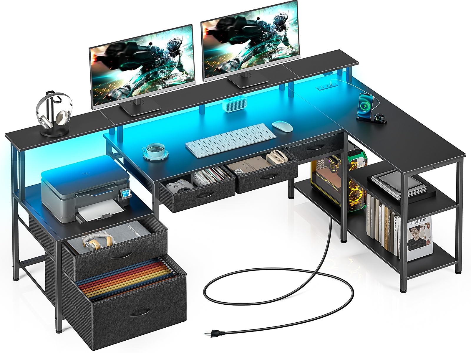 Amazon | Seventable L字デスク ファイル引き出し付き 64インチ ホーム